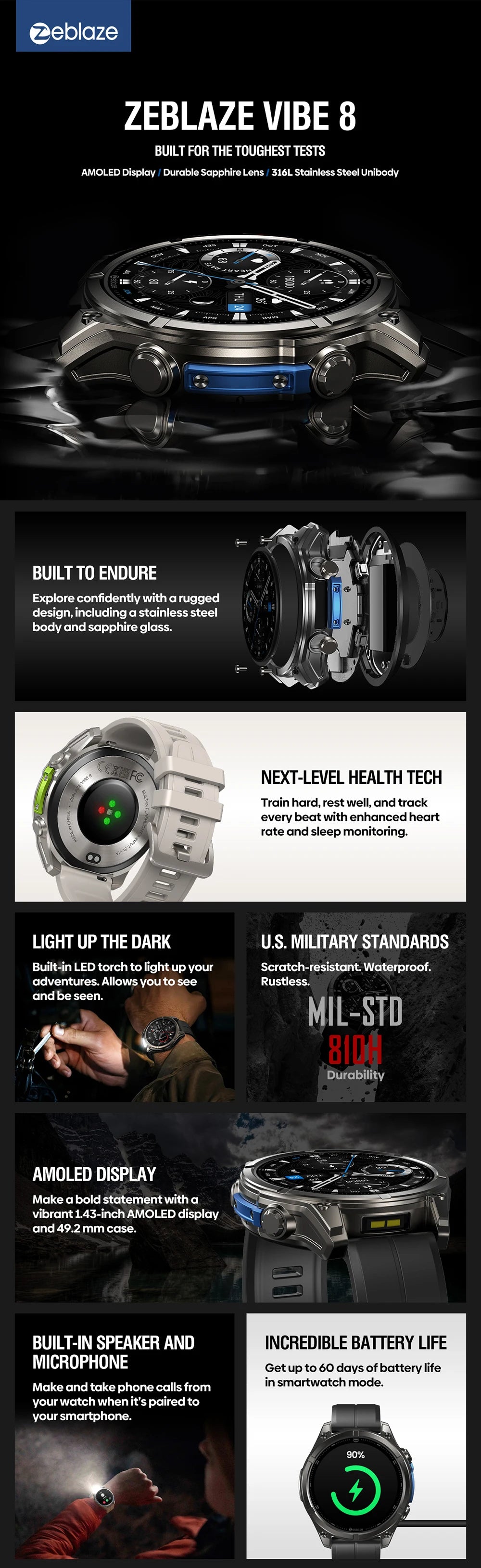 Zeblaze VIBE 8 Smartwatch – 1.43" AMOLED Voice Call & Multi-Sport Tracker