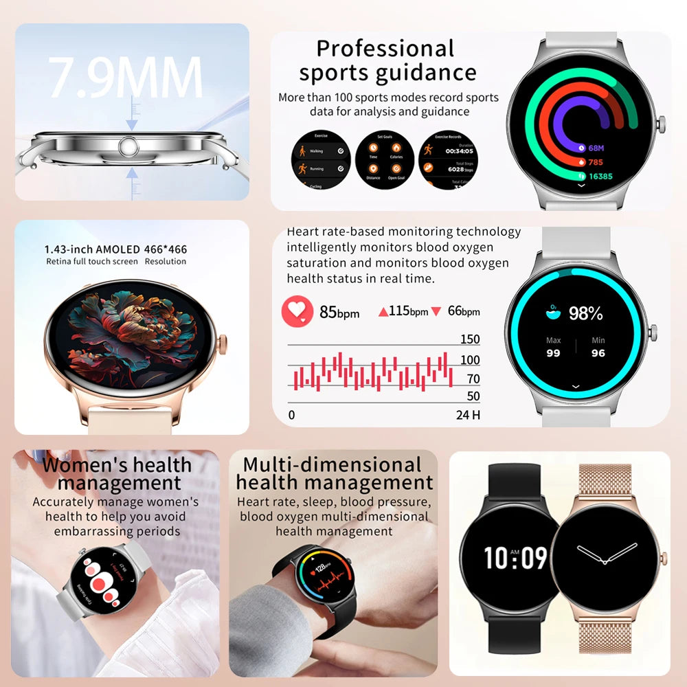 Ultra-Slim AMOLED Smartwatch – Heart Rate & BT Calling for Women