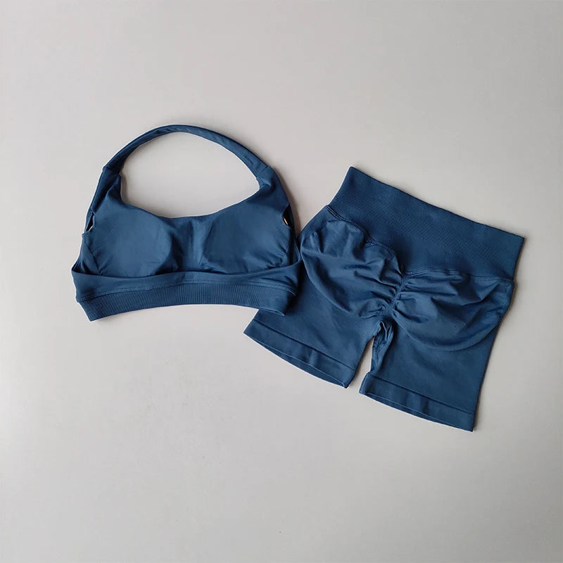 Women’s Halter Neck Sports Bra & High-Waist Shorts Set – Yoga & Pilates
