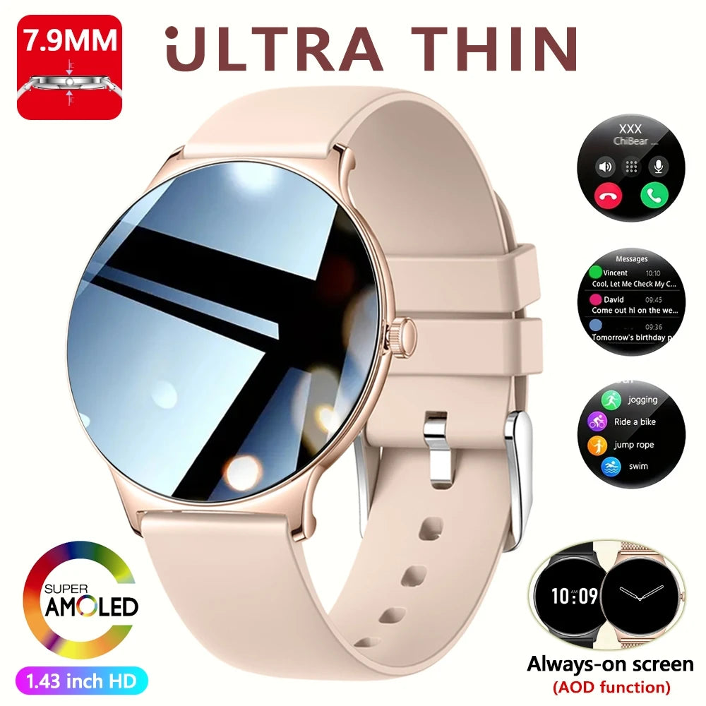 Ultra-Slim AMOLED Smartwatch – Heart Rate & BT Calling for Women