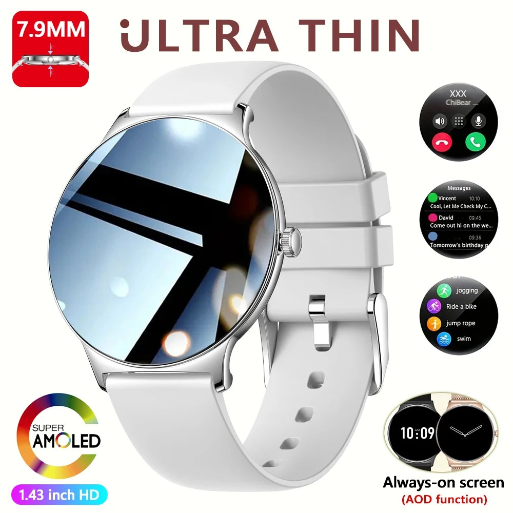 Ultra-Slim AMOLED Smartwatch – Heart Rate & BT Calling for Women