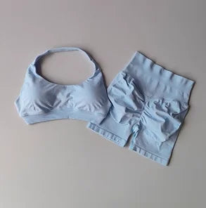 Women’s Halter Neck Sports Bra & High-Waist Shorts Set – Yoga & Pilates