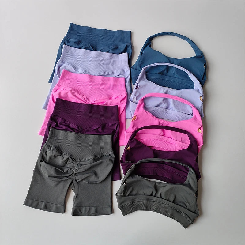 Women’s Halter Neck Sports Bra & High-Waist Shorts Set – Yoga & Pilates