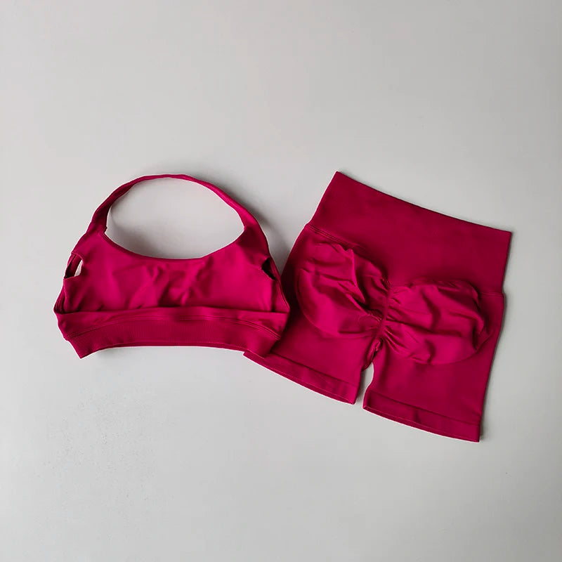 Women’s Halter Neck Sports Bra & High-Waist Shorts Set – Yoga & Pilates