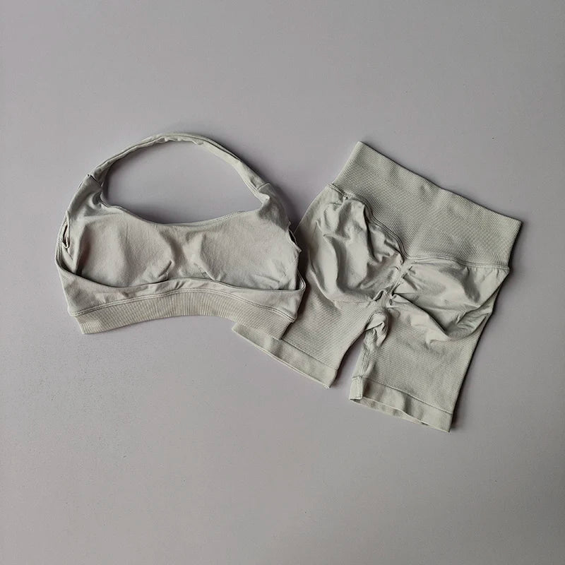 Women’s Halter Neck Sports Bra & High-Waist Shorts Set – Yoga & Pilates