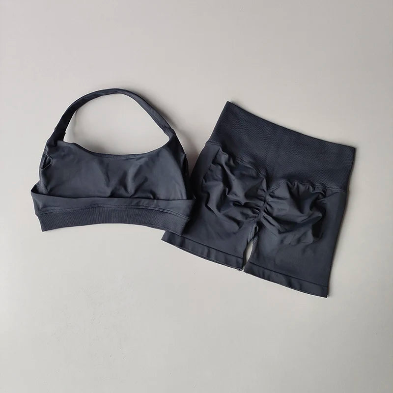 Women’s Halter Neck Sports Bra & High-Waist Shorts Set – Yoga & Pilates