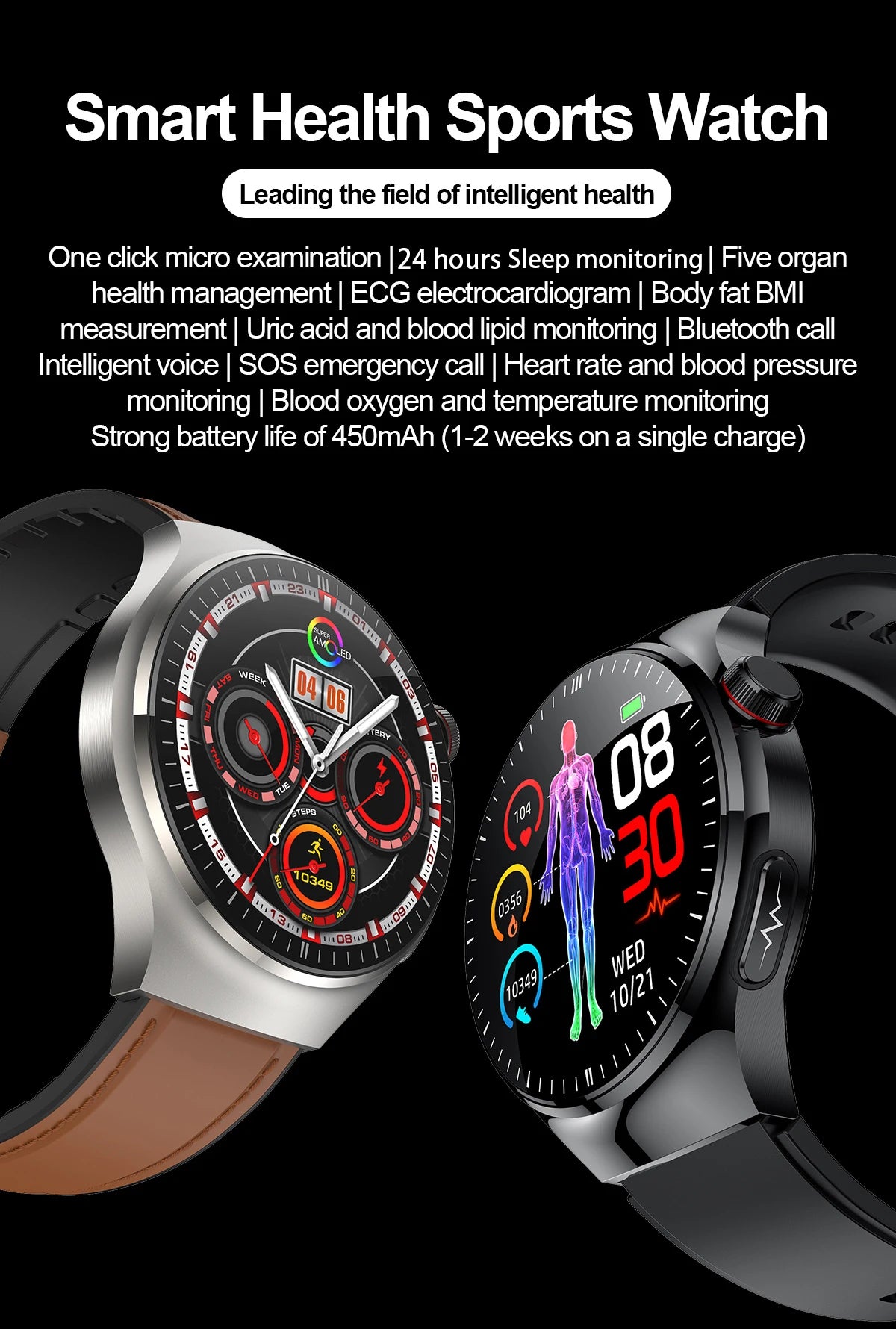 Nursing-Grade Health Smartwatch – Blood Oxygen, ECG, & Body Metrics