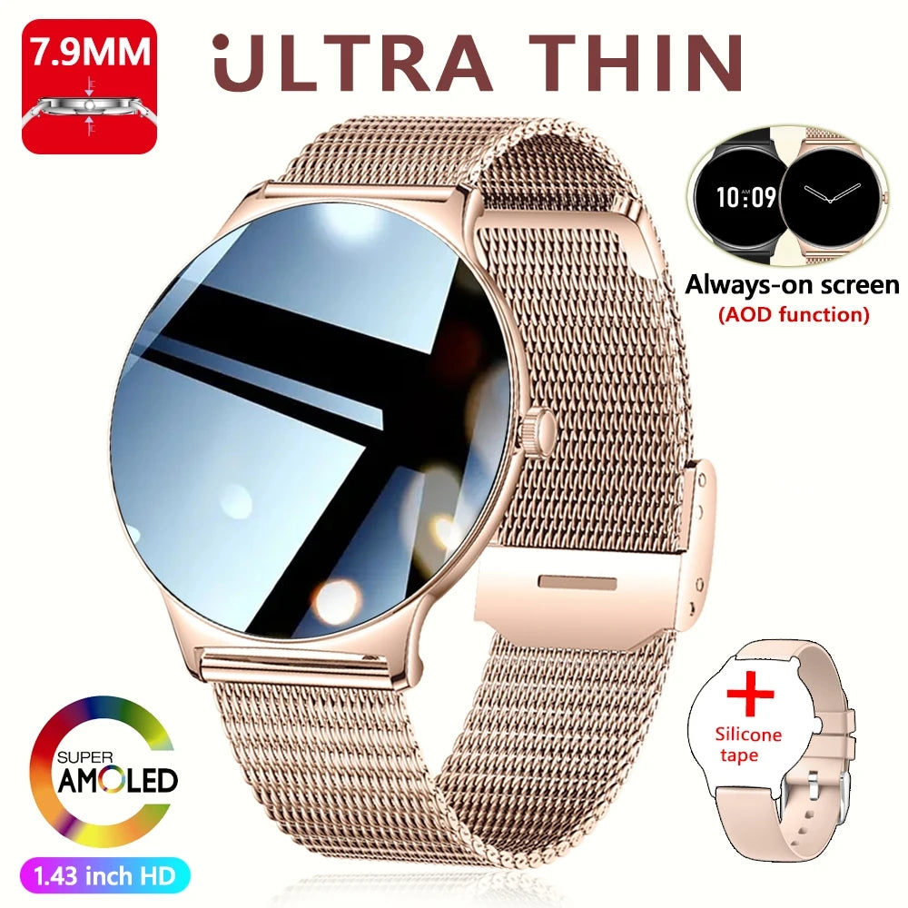 Ultra-Slim AMOLED Smartwatch – Heart Rate & BT Calling for Women