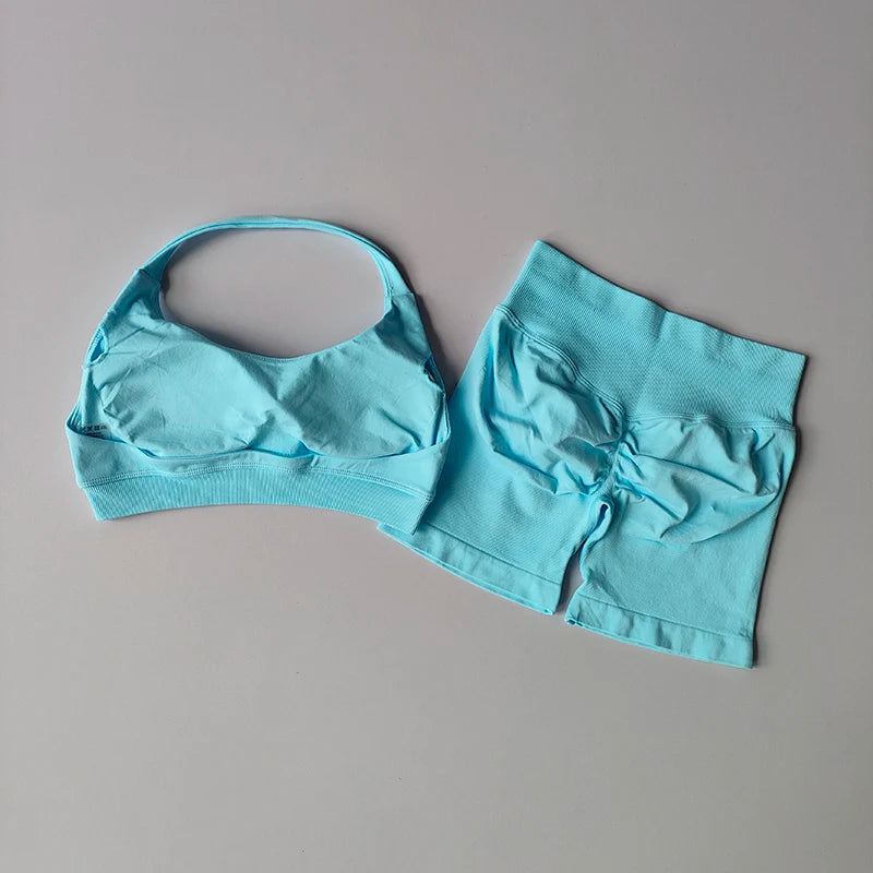 Women’s Halter Neck Sports Bra & High-Waist Shorts Set – Yoga & Pilates