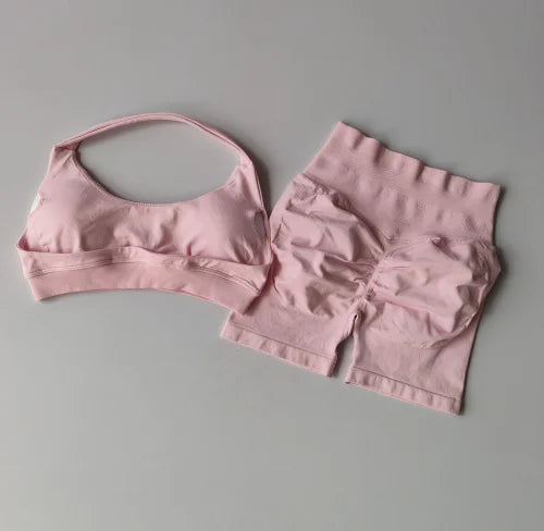 Women’s Halter Neck Sports Bra & High-Waist Shorts Set – Yoga & Pilates