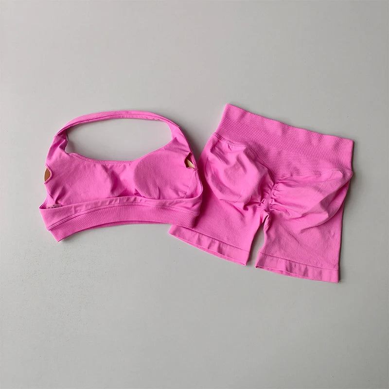 Women’s Halter Neck Sports Bra & High-Waist Shorts Set – Yoga & Pilates