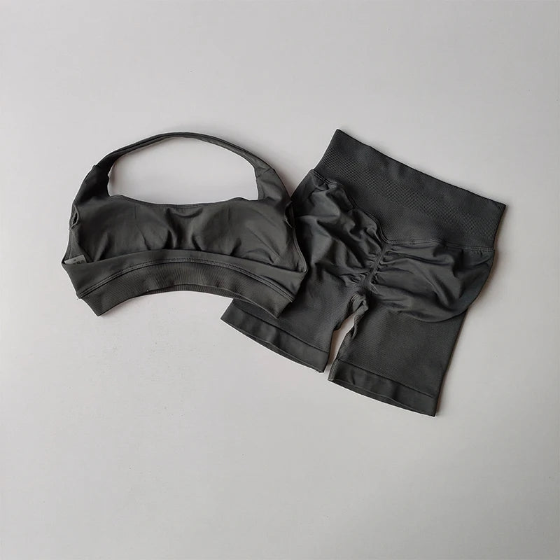 Women’s Halter Neck Sports Bra & High-Waist Shorts Set – Yoga & Pilates