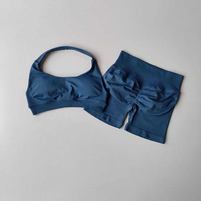 Women’s Halter Neck Sports Bra & High-Waist Shorts Set – Yoga & Pilates