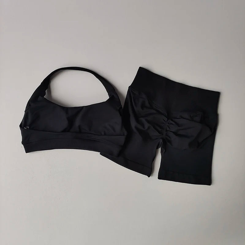 Women’s Halter Neck Sports Bra & High-Waist Shorts Set – Yoga & Pilates