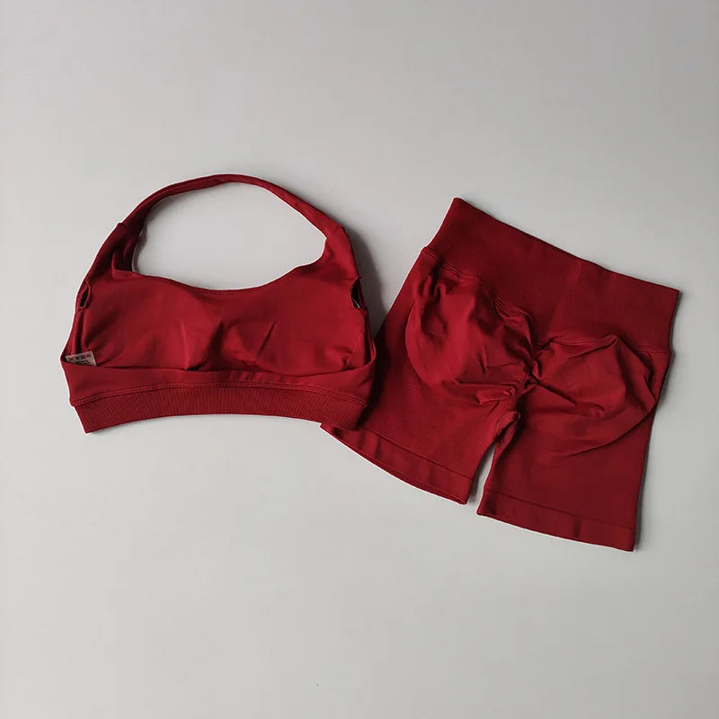 Women’s 2-Piece Yoga Set – Halter Sports Bra & Matching Shorts