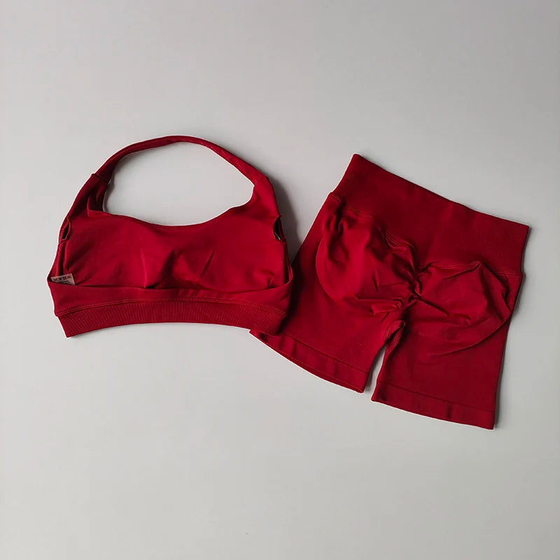Women’s Halter Neck Sports Bra & High-Waist Shorts Set – Yoga & Pilates