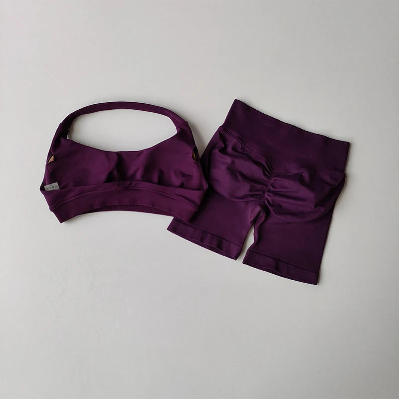 Women’s Halter Neck Sports Bra & High-Waist Shorts Set – Yoga & Pilates