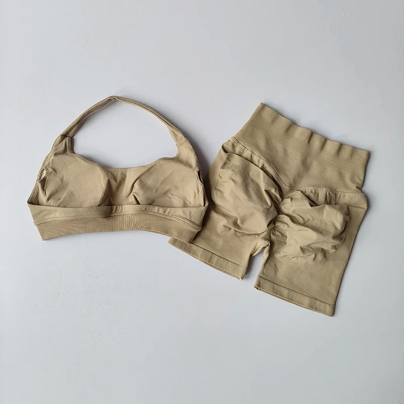 Women’s Halter Neck Sports Bra & High-Waist Shorts Set – Yoga & Pilates