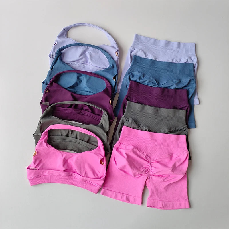 Women’s Halter Neck Sports Bra & High-Waist Shorts Set – Yoga & Pilates