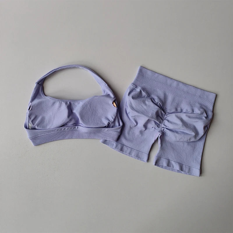 Women’s Halter Neck Sports Bra & High-Waist Shorts Set – Yoga & Pilates