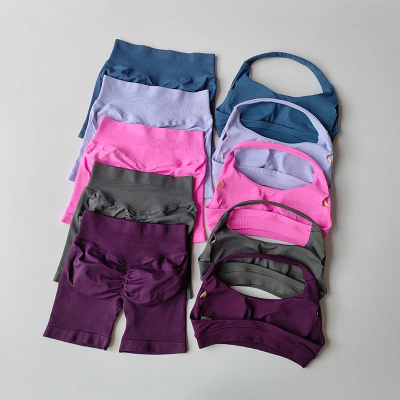Women’s Halter Neck Sports Bra & High-Waist Shorts Set – Yoga & Pilates