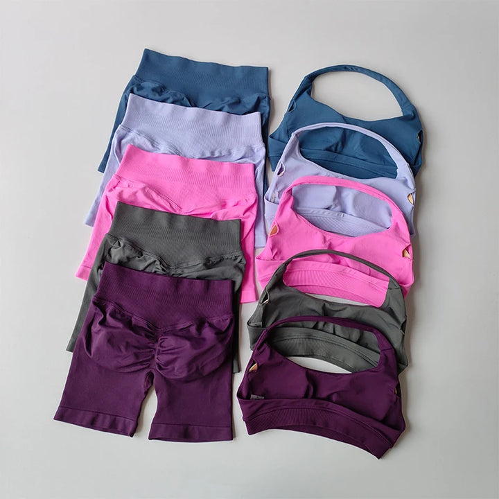Women’s Halter Neck Sports Bra & High-Waist Shorts Set – Yoga & Pilates