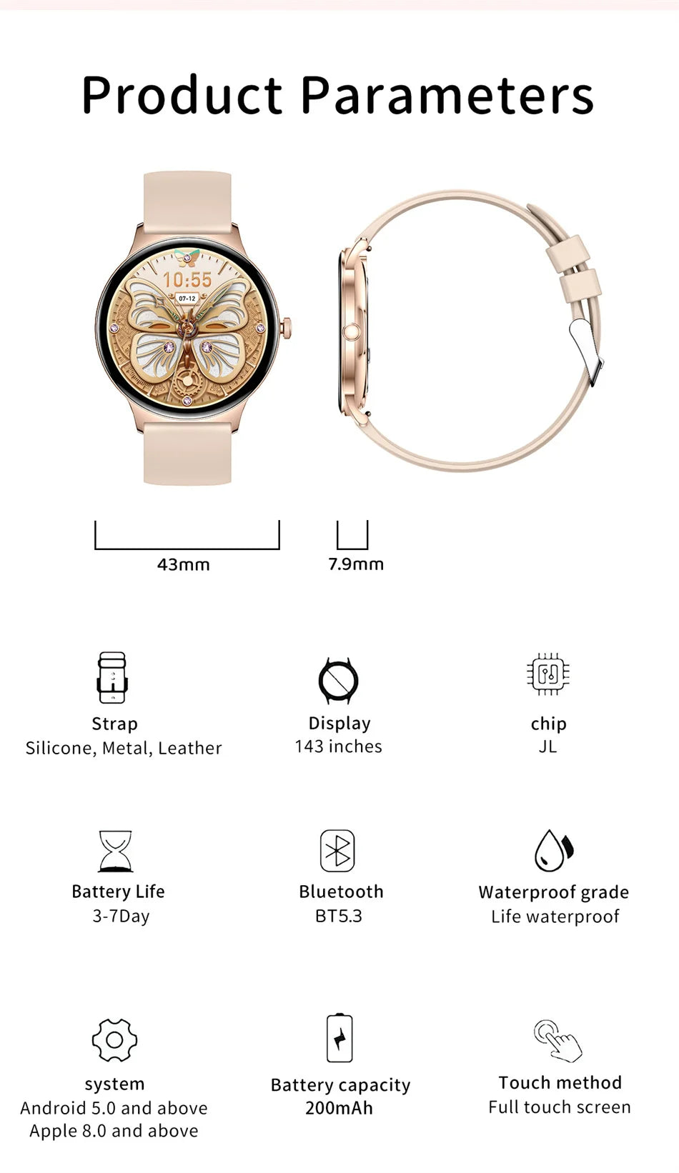 Ultra-Slim AMOLED Smartwatch – Heart Rate & BT Calling for Women