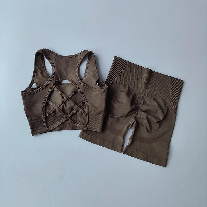 Women’s 2-Piece Seamless Yoga Set – Sport Bra & High-Waist Shorts