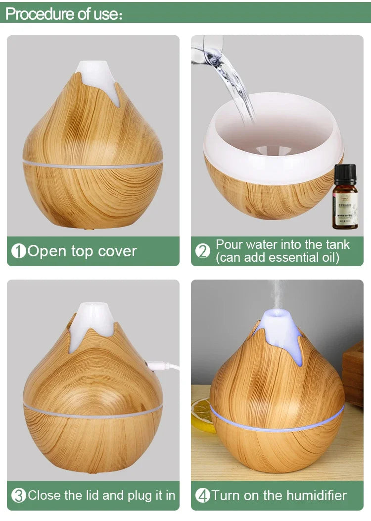 350ml USB Wood Aroma Diffuser – Ultrasonic Humidifier with LED Light